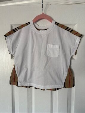 Burberry Kids White Tee with Beige Plaid Trim